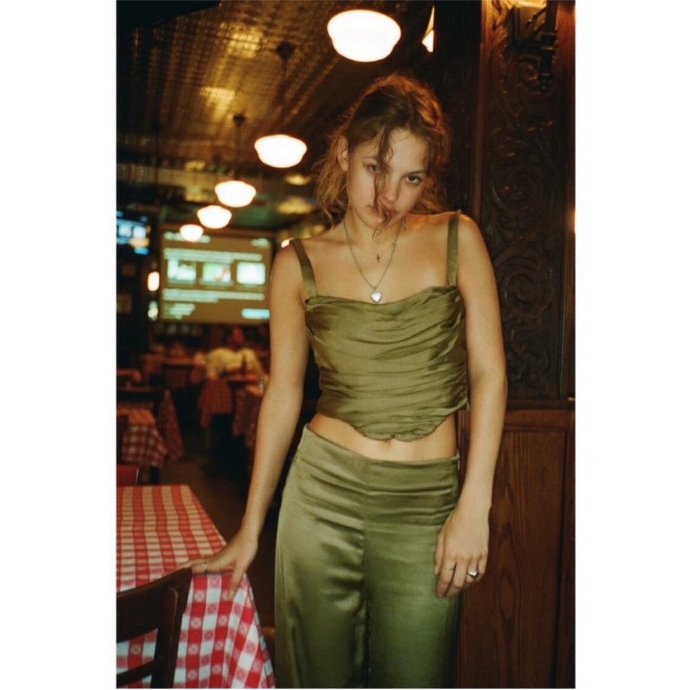 ZARA Wide Leg Green Satin Pants